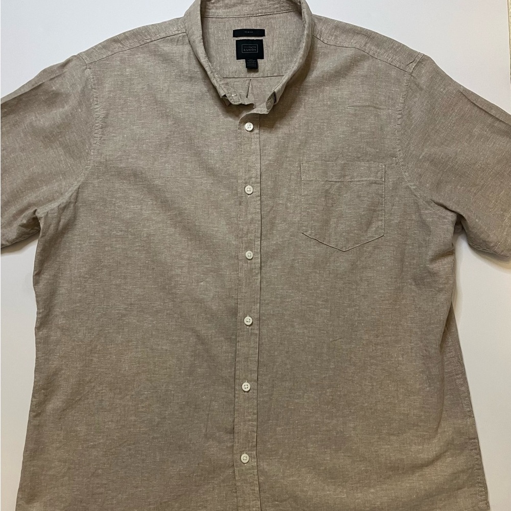 14th & Union Linen Blend Button Up Shirt 2XL Beige Trim Fit  Casual